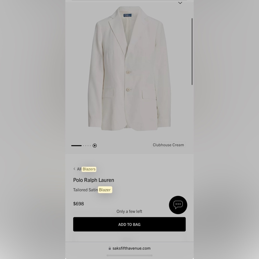 NWT Polo Ralph Lauren blazer in clubhouse cream - size 10